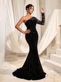 Luxe Sequin Evening Gown with Lace Sleeve & Mermaid Silhouette – Glamorous Evening Wear for Weddings or High-End Events, XS-XL