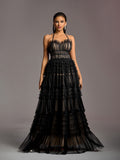 Gorgeous Halter Neck Lace-up Back Cascading Ruffle Hem Tulle Wedding Dress