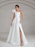 Stereo Flower One Shoulder Split Satin Wedding Dress - Elonnashop