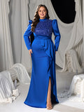 Plus Sequin & Beaded High-Neck Mermaid Gown with Puff Long Sleeves and High Slit