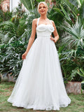 Halter Neck Applique Ruched Bustier Mesh Wedding Dress - Elonnashop