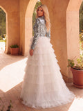 Gorgeous Mock Neck Sequin Bodice Contrast Split Tulle Layered Hem Prom Dress Wedding Dress