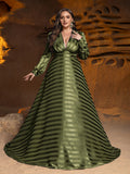Plus Plunging Neck Long Sleeves A Line Prom Dress