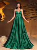 Plunging Neck Floor Length Satin Cami Party Dress