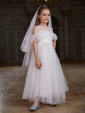 Delicate Spaghetti Strap A-Line Flower Girl Dress With Sheer Bow Details And Tiered Tulle Skirt For Wedding Ceremonies, Formal Galas, Evening Receptions, Birthday Celebrations, Awards Ceremonies