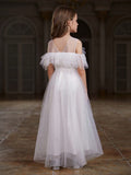 Delicate Spaghetti Strap A-Line Flower Girl Dress With Sheer Bow Details And Tiered Tulle Skirt For Wedding Ceremonies, Formal Galas, Evening Receptions, Birthday Celebrations, Awards Ceremonies