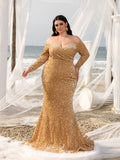 Plus Elegant Off Shoulder Lone Sleeves Mermaid Hem Sequin Evening Dress
