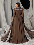 Plus Mock Neck Extra-Long Sleeves Chiffon Evening Gown with White Bead Accents