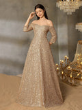Teen Girls' Off-Shoulder Sequin Evening Gown With Three-Quarter Sleeves & Flowy A-Line Silhouette | Sparkling Formal Dress For Gala Dinners, Red Carpet Events, Graduation Balls, Black-Tie Weddings, And Award Ceremonies