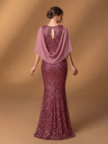 Womens' Draped Back Mermaid Hem Sequin Formal Dress