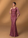 Womens' Draped Back Mermaid Hem Sequin Formal Dress