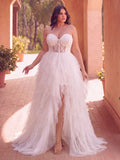 Plus Elegant Strapless Sweetheart White Bridal Gowns: Tiered Tulle Skirt with Thigh-High Slit & Corset Bodice – Elegant 1XL-5XL Wedding Dresses