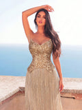 Women's Sequin Formal Dress With Fringe Hem Elegant Strapless Long Gown Featuring Tie Back And Contrast Sequin Detail, Ideal For Occasions
