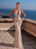 Elegant Halter Neck Deep V-Neck Long Dress, Beads & Sequins, Slim-Fit Mermaid Silhouette, For Photography, Beach, Resort & Evening Party