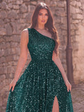 Elegant One Shoulder Sleeveless Sequin A Line Dresses