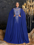 Elegant Chiffon Evening Gown with Beaded Sequin Embroidery Vertical Stripes, Cape-Style Sleeves, Flowy Skirt and Waist Belt Accent