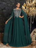 Elegant Chiffon Evening Gown with Embroidered Beaded Bodice, Voluminous Bell Sleeves, Sheer Mesh Neckline & Flowy Floor-Length Skirt