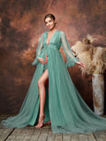 Maternity Plunging Neck Sheer Sleeves Mesh Photography Dress