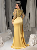 Plus Size Round Neck Long Sleeve Mermaid Hem Sequin Evening Gowns