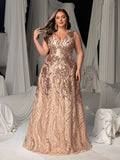Plus Floral Sequin V Neck Sleeveless A-Line Formal Dress