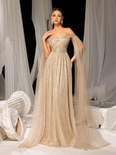 Elegant Off-Shoulder Sequined Gown with Flowing Cape – Luxury Evening Wear for Weddings or Red Carpet Events, XS-XL