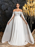 Elegant Off-Shoulder Chiffon Evening Gown | Sequin Bodice with Draped Sleeves and Flowing Skirt