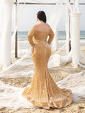 Plus Elegant Off Shoulder Lone Sleeves Mermaid Hem Sequin Evening Dress