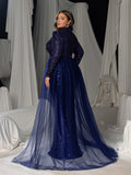 Plus Sequin Mermaid Formal Dress with Long Sleeves and Sheer Tulle Overlay