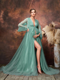 Maternity Plunging Neck Sheer Sleeves Mesh Photography Dress