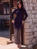 Elegant Long Sleeves Split Hem Ombre Sequin Evening Dress