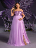 Plus Maternity Off Shoulder Sequin Bodice Contrast Tulle Evening Dress