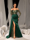Elegant Evening Gown with Golden Sequin Access – Off-Shoulder Design & High Slit for Luxury Brand Launches or Editorial Fashion Photography, XS-L