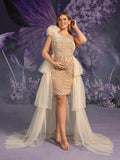 Plus Maternity  One Shoulder Tulle Overlay Sequin Party Dress
