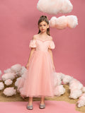 Tween Mädchen-Partykleid mit Puffärmeln, Pailletten und kontrastierendem Netzstoff
