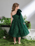 Tween Mädchen-Partykleid mit One-Shoulder-Schleife und Pailletten
