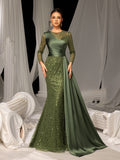 Elegant Sequin Evening Gown with Sheer Sleeves & Dramatic Satin Train - Dress for Luxury Brand Launches or High-Fashion Editorial Shoots, XS-XL