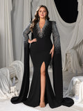 Plus Deep V-Neck Mermaid Gown with Cape Sleeves, Rhinestones & High Slit