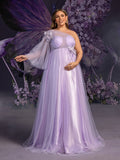 Plus Maternity  Applique Details One Shoulder Tulle Evening Dress