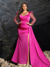 Plus Satin Evening Gown with Sweetheart Neckline & Sequin Embellished Sleeves – High Slit Mermaid Silhouette for Luxury Weddings or Red Carpet Events, 1XL-3XL