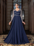 Elegant Chiffon V-Neck Evening Gown with Silver Sequined Translucent Sleeves & Floor-Length Skirt