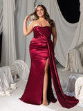 Plus Strapless Mermaid Hem Satin Evening Dress with Sequin Accents
