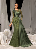 Elegant Sequin Evening Gown with Sheer Sleeves & Dramatic Satin Train - Dress for Luxury Brand Launches or High-Fashion Editorial Shoots, XS-XL