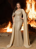 Plus One-Shoulder Sequin Mermaid Gown with Cape Sleeve| Dramatic Train & Sleek Fit