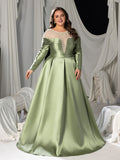 Plus Luxury Beaded Evening Gown with Off-Shoulder Mesh Insert, High Slit Satin Dress for Red Carpet & Gala Events