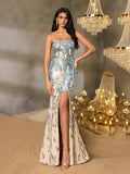 Elegant Spaghetti Strap Sleeveless Evening Gown with Crisscross Back Straps, High Thigh Slit, Patterned Wave Sequin Embellishments | Long Floor-Length Formal Dress for Special Occasions