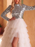 Gorgeous Mock Neck Sequin Bodice Contrast Split Tulle Layered Hem Prom Dress Wedding Dress