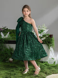 Tween Mädchen-Partykleid mit One-Shoulder-Schleife und Pailletten