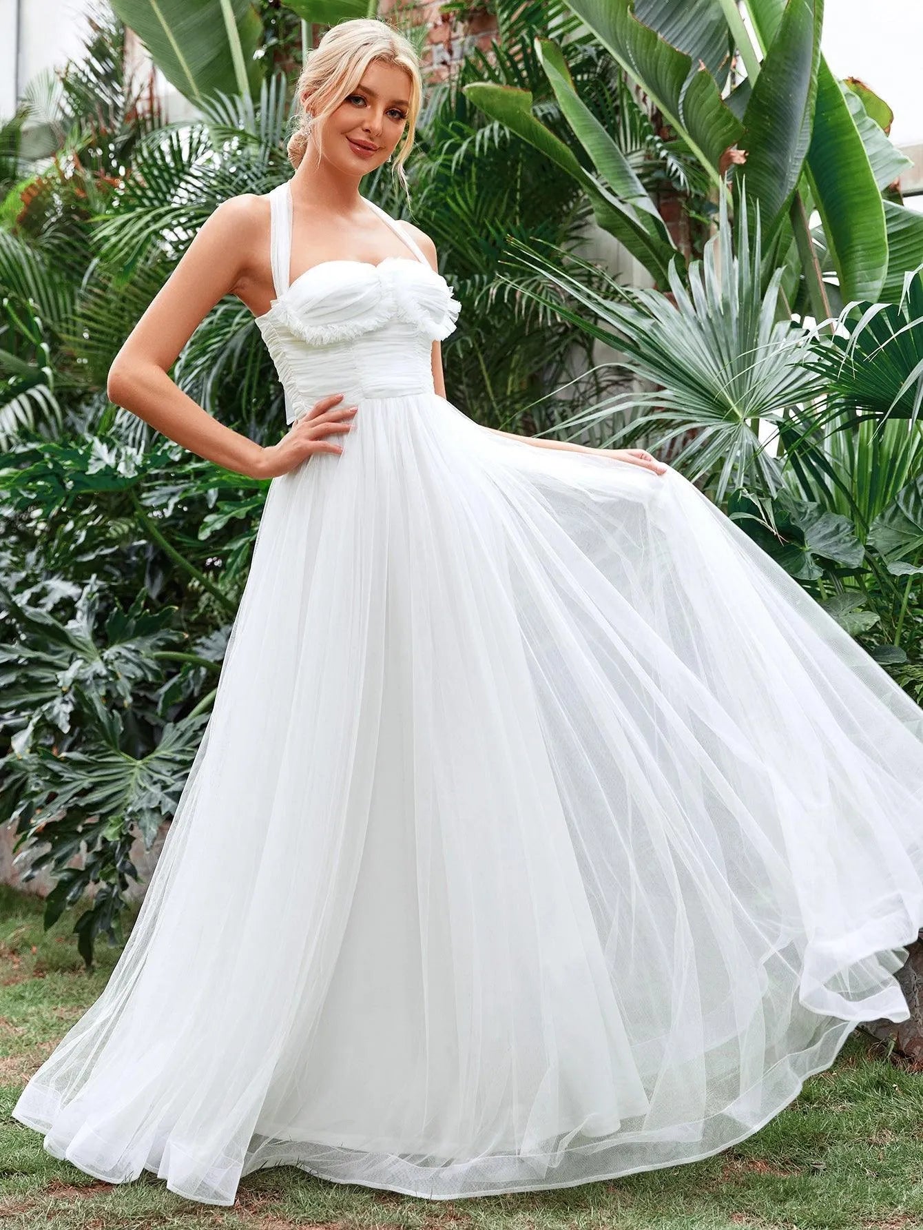 Halter Neck Applique Ruched Bustier Mesh Wedding Dress - Elonnashop