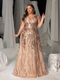 Plus Floral Sequin V Neck Sleeveless A-Line Formal Dress