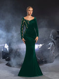 Elegant Asymmetric Long Sleeve Mermaid Gown with Sequined Accents, Luxury Evening Dress